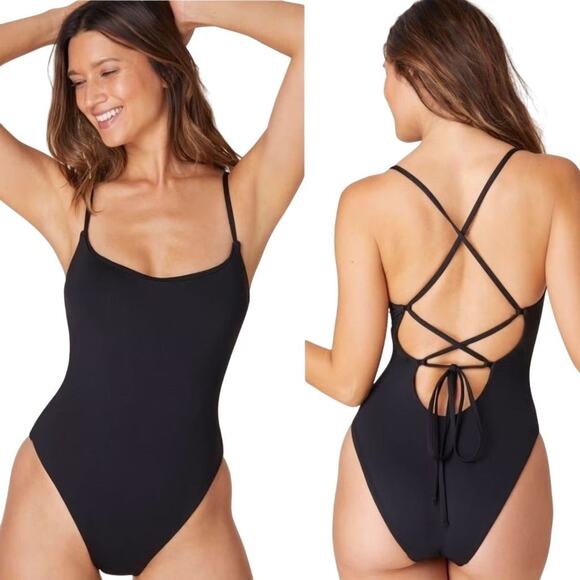 New Andie Women's Long Torso Large Tall Fiji One-Piece Swimsuit Black Lace-Up - Picture 1 of 9